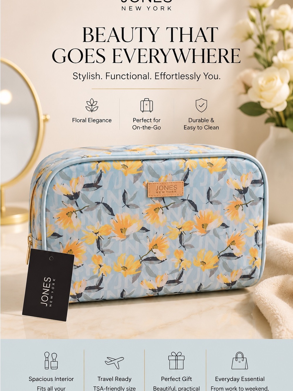 Jones New York Blue Floral Travel Makeup Pouch with Yellow Blooms